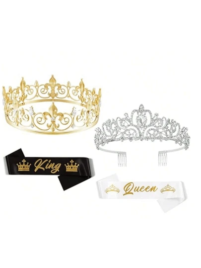 Juego de corona de rey y reina con bandas, coronas de rey para hombres, corona de reina de graduación, corona de rey para disfraz, banda de reina de graduación para boda, fiesta de cumpleaños, Halloween, Navidad