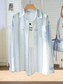 女装新款韩版宽松长袖俏皮休闲拼色衬衫蕾丝少女学院风条纹外套带口袋防晒开衫日常穿搭外出居家约会旅游度假 - 藍色 - 查看 8