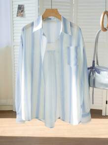 女装新款韩版宽松长袖俏皮休闲拼色衬衫蕾丝少女学院风条纹外套带口袋防晒开衫日常穿搭外出居家约会旅游度假 - 藍色 - 查看 9