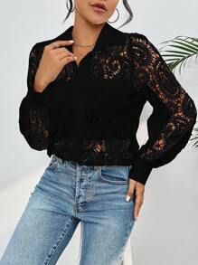 Guipure Lace Shirt With Long Sleeves And Collar - Black - View 1