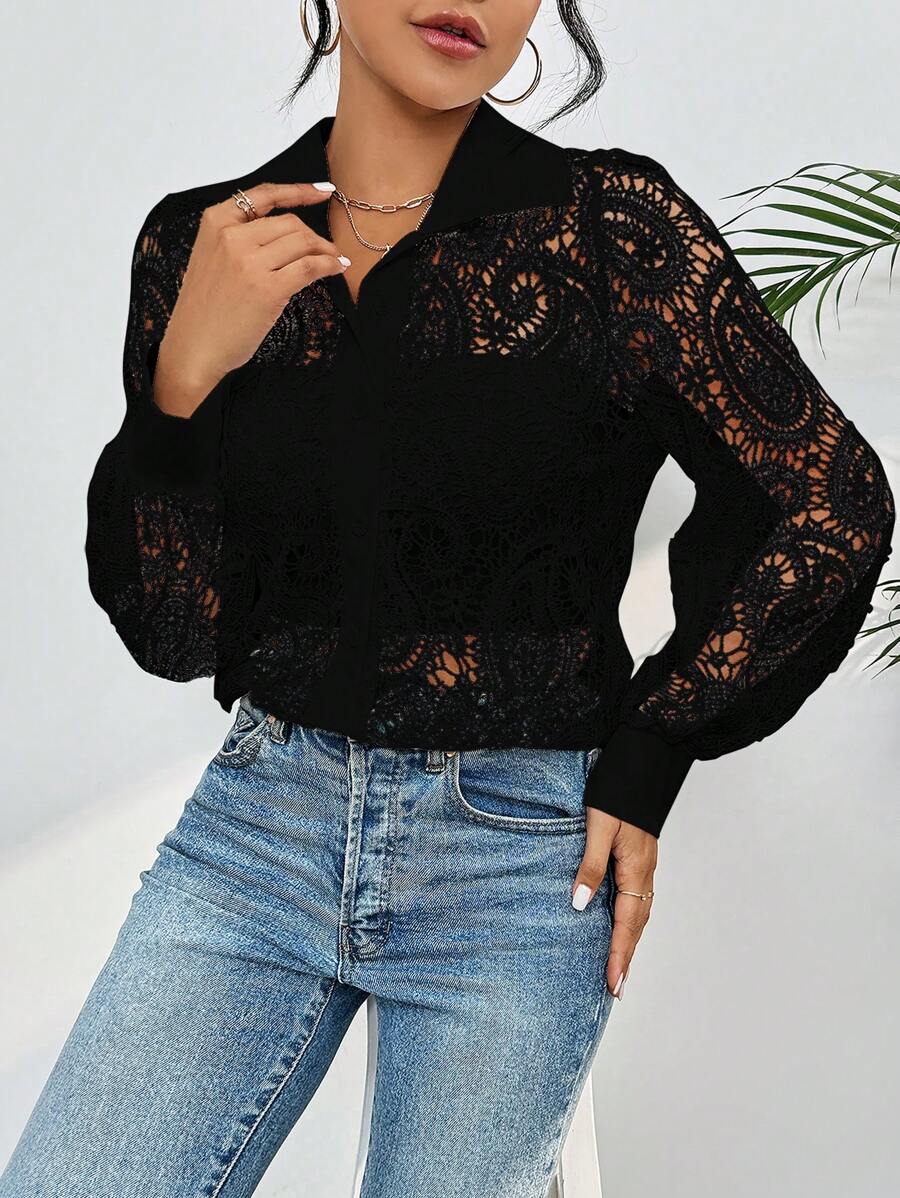 Guipure Lace Shirt With Long Sleeves And Collar - Black - View 1