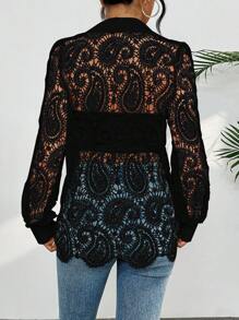 Guipure Lace Shirt With Long Sleeves And Collar - Black - View 6