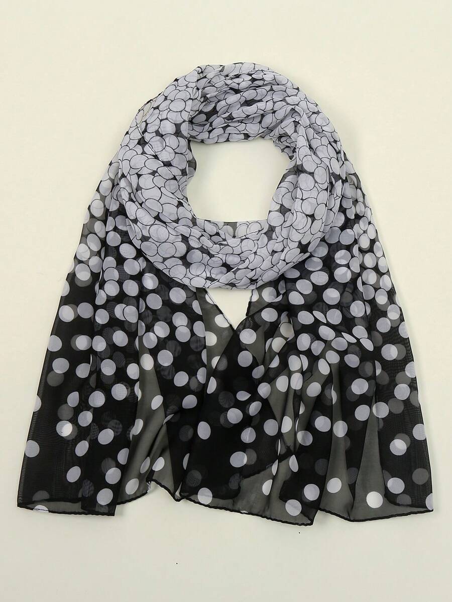 1pc Women Spring Polka Dot Ombre Chiffon Printed Scarf, Fashion Minimalist, Casual Versatile Headscarf, Suitable For Daily Wear, All Season - 06-black - View 1