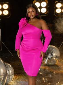 Plus-Size Elegant 3D Floral Applique One-Shoulder Bodycon Dress With Asymmetrical Sleeves, Cocktail Party & Evening Gown, Wedding Guest Dress