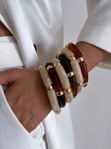 3 件装复古亚克力竹珠堆叠手链，简约时尚女士弹性袖口手链，适合日常佩戴、派对和度假，装饰首饰套装 - 3件套手鍊 - 查看 12