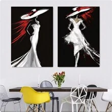 2 piezas Pósteres de arte de pared autoadhesivos con figura femenina elegante y estilosa que incluye vestido de noche de falda trompeta blanca, sombrero de ala ancha. Diseño autoadhesivo, fácil de instalar, para decoración