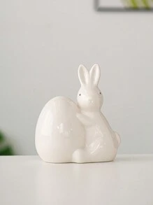 1 Peça Estatueta Cerâmica de Coelho Segurando Ovo, Branco/Rosa, Estilo Minimalista Fofo, Decoração de Páscoa, Adequado para Mesa de Escritório, Casa, Cozinha, Quarto, Sala de Estar, Enfeite Festivo