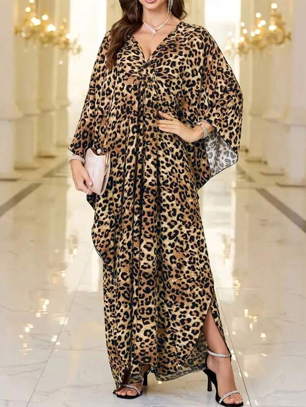 EDOLYNSA Women'S Plus Size Leopard Print Ramadan Kaftan Dress,Braided V Neck, Bat Sleeve, Side Slit, Comfortable Soft Beach SwimwearCover Up, Turkish Robe, Spring/Summer/Autumn, H-Shape, ViscoseFabric, Casual Outfit