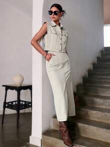 Sollinarry 女士秋季新款无袖上衣和长款中长裙休闲两件套，适合度假、音乐节、时尚通勤等场合，尽显夏季优雅气质。 - 灰杏色 - 查看 6