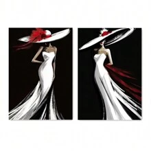 2 piezas Pósteres de arte de pared autoadhesivos con figura femenina elegante y estilosa que incluye vestido de noche de falda trompeta blanca, sombrero de ala ancha. Diseño autoadhesivo, fácil de instalar, para decoración
