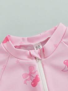 Toddler Girl Rash Guard Swimsuit Cherry/Bow Print Zipper Short Sleeve Zip Up Bathing Suit - Peach - View 4