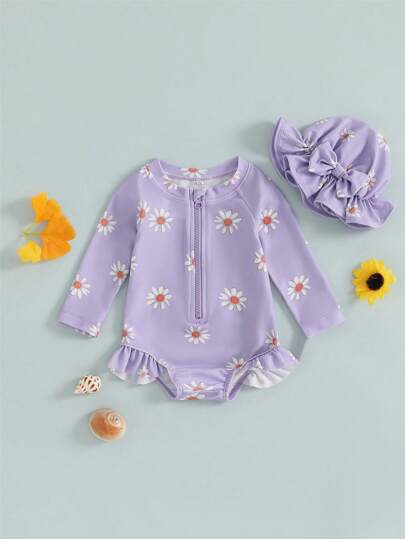 2 件装 女宝宝泳衣 长袖 花朵印花 拉链比基尼 带帽 新生儿泳装 适合夏季沐浴