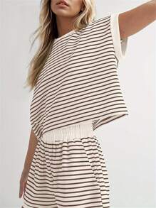 2 Piece Lounge Set For Women Striped Knit Short Sleeve Tee Shirts Shorts Sets Casual Summer Loungewear Matching Sets - màu nâu - Xem 3