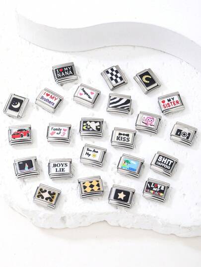 1PC Stainless Steel Italian Module Bracelet Components, Featuring Various Printed Patterns, DIY Making Jewelry For Bracelet Necklaces, Can Be Freely Matched With Different Styles