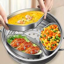 3pcs/4pcs Stainless Steel Steamer Set - Fan-Shaped Steamer Box, Steaming Plate, Compatible With Rice Cooker, Wrinkle-Resistant, Heat-Resistant, Dishwasher Safe, Cooking And Dining Accessories Without Electricity Required