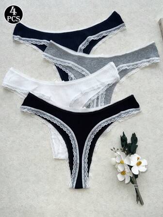 4 Stücke Damen Sexy Spitze String, hoch elastisch atmungsaktiv nahtlose tiejtaille T-Back Unterwäsche