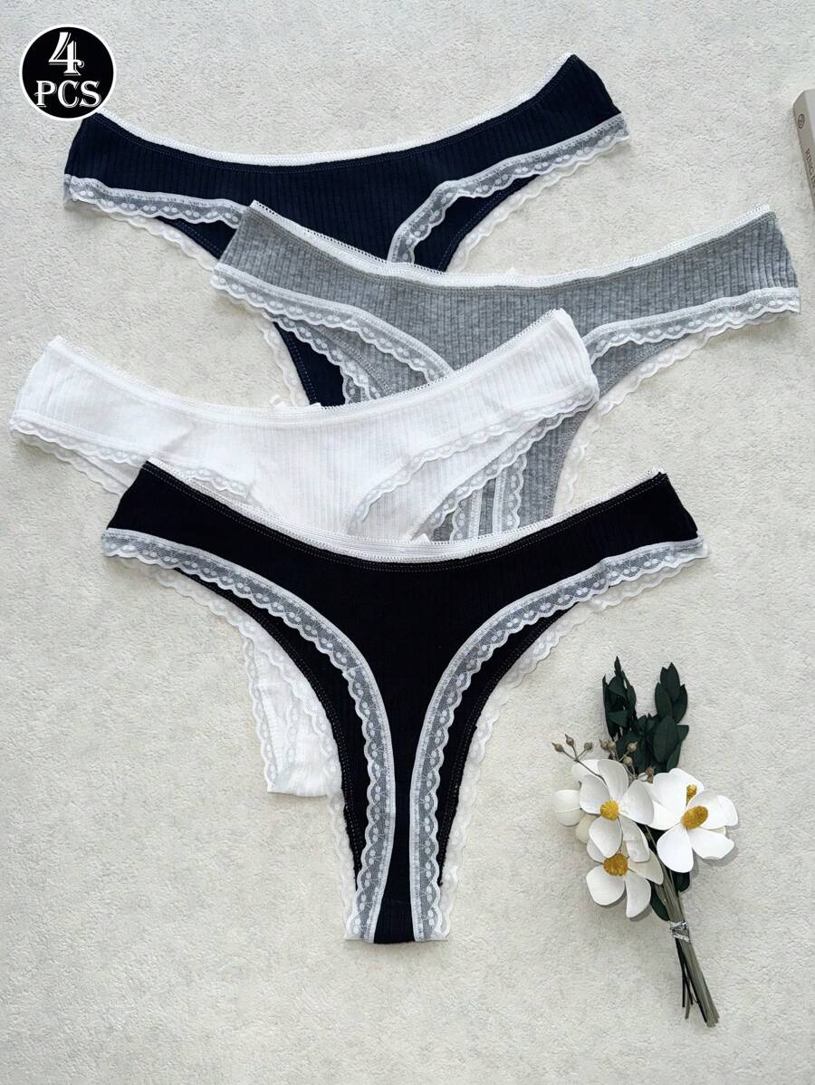 4 件装女士性感蕾丝丁字裤，高弹力透气无缝低腰丁字裤内裤 - 彩色 - 查看 1