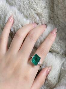 1pc Fashionable & Unique S925 Sterling Silver Women's Square Ring With Green & Cubic Zirconia - Green - View 3