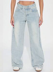 复古蓝色牛仔休闲裤，女士春夏穿搭，宽松阔腿直筒牛仔裤，男友风