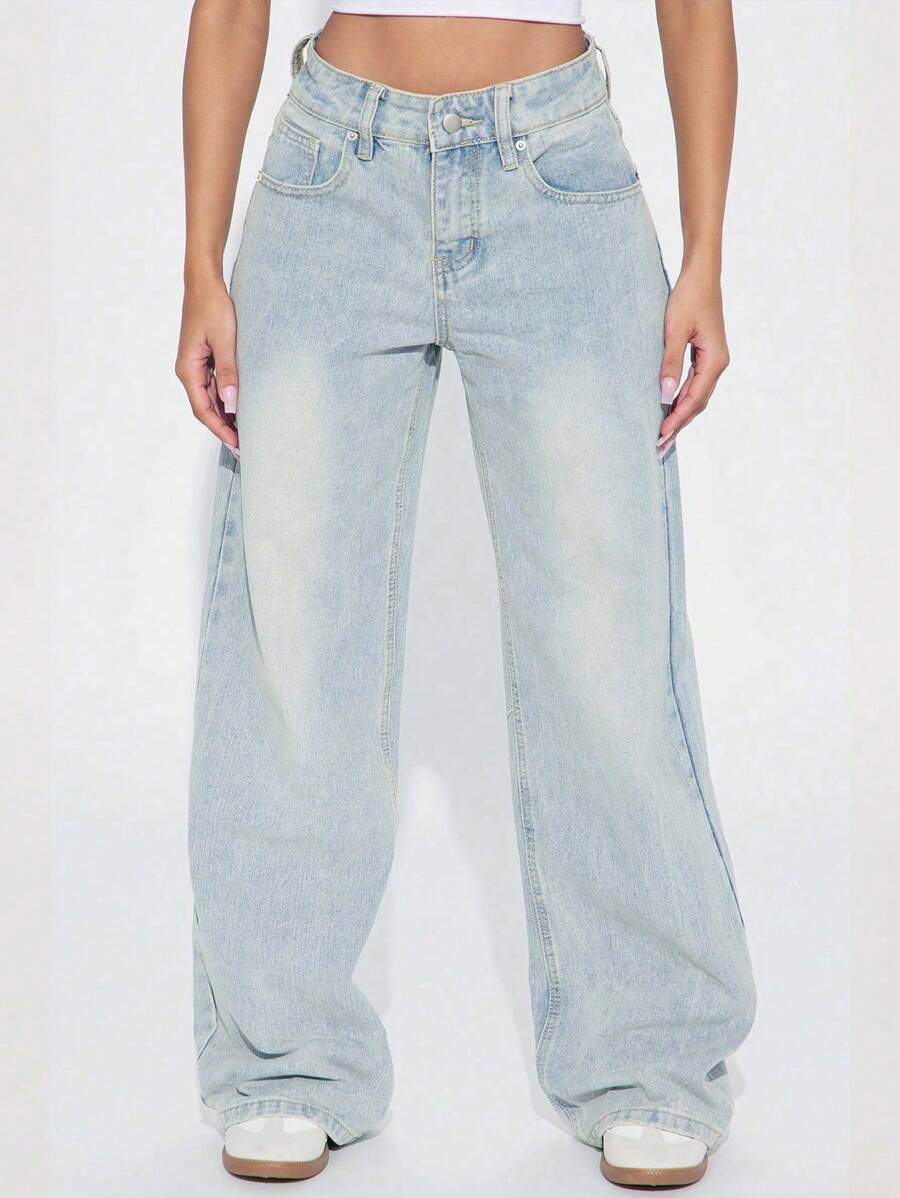 复古蓝色牛仔休闲裤，女士春夏穿搭，宽松阔腿直筒牛仔裤，男友风