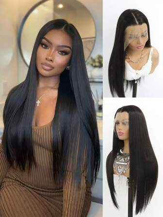 SALLYWELL 13*4 Lace Front Synthetic Wig Long Straight Wigs Middle Part For Women - 180% Density, Daily Use