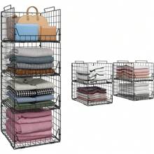 Stackable Closet Organizers And Storage Bins 4 Pack, Sturdy Metal Clothes Storage Container For Clothes Pants Sweaters, Black Folded Drawer Shelf Organizer For Closet Wardrobe - Black - View 2