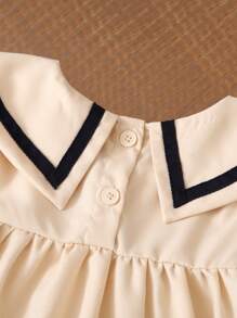 Young Girl Casual Navy Style Short Sleeve Beach Dress, Versatile Party Princess Dress, Summer - Khaki - View 6