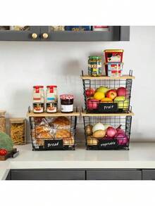 2 Set XL Stackable Wire Basket With Bamboo Tops & Tags- Pantry Organizer And Storage Bins, Kitchen Counter Cabinet Shelf Countertop Under Sink Organizing,  Snack Produce Onion Potato Bread Storage - L - 查看 12