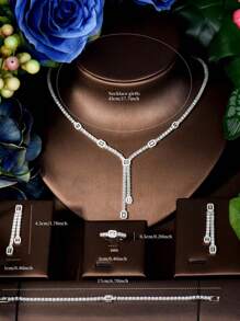 1 Bộ trang sức trang trí hình thoi Cubic Zirconia thời trang, thích hợp làm quà tặng ngày lễ tình nhân cho phụ nữ - Bạc - Xem 6
