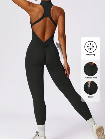 Yefecy Women Workout Flare Jumpsuits , Stand-Up Collar Half Zip Exercise Jumpsuit,High Stretch Athletic Jumpsuit,Sexy Backless Gym Bodycon Scrunch Butt Yoga Rompers V Back
