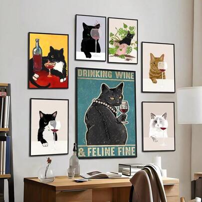 1pc Wall Arts Posters Frameless Funny Cat White Cats Taste Red Wine Anime Good Quality Prints And Posters Vintage Room Home Bar Cafe Aesthetic Art Wall Painting Animals ,Wall Art With Frame