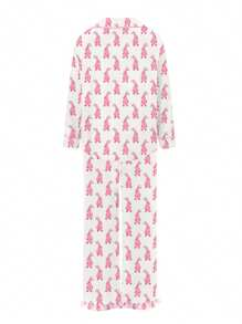 Women's 2 Piece Lounge Set Long Sleeve Lapel Bunny Print Shirt Pants Sleepwear Sets - Pink - View 7