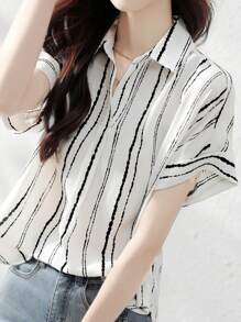 YUXIN Áo sơ mi nữ tay ngắn cổ bẻ kẻ sọc dáng rộng chất lượng cao mùa hè màu trắng - trắng - Xem 5