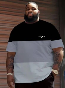 Chemise T-shirt imprimé blocs de couleurs à carreaux pour hommes en grandes tailles - en tricot de polyester, col rond, coupe décontractée, design graphique original