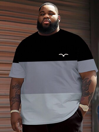 Plus Size Men's Plaid Colorblock Print T-Shirt - Polyester Knit Fabric, Round Neck, Casual Fit, Novelty Graphic Design