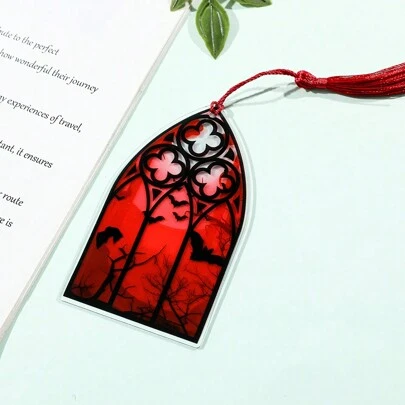 1PC Dark Red Vampire Bat Forest Bookmark, Acrylic Colorful Irregular Tassel Bookmark, Portable Indoor And Outdoor Study, Office, Reading And Stationery Supplies