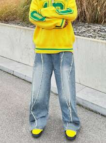 Men's Water Washed Blue Patchwork Fringe Streetwear Fashion Casual Jeans