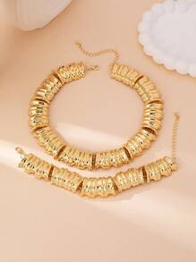 1 Set 2pcs Women Jewelry Set, Gold Coil Shaped Necklace And Bracelet Set, Exaggerated Luxury Vintage Elegant Fashion Suitable For Valentine's Day Gift, Party And Daily Wear - Yellow Gold - View 4