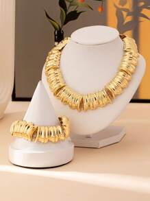 1 Set 2pcs Women Jewelry Set, Gold Coil Shaped Necklace And Bracelet Set, Exaggerated Luxury Vintage Elegant Fashion Suitable For Valentine's Day Gift, Party And Daily Wear - Yellow Gold - View 2