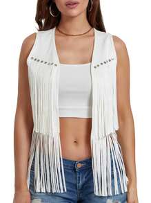 Women's Boho Hippie Chic Waistcoat Vest Ultra Lightweight Solid Hue Open Front Sleeveless Jacket Adorned With Tassels  Streetwear Layering