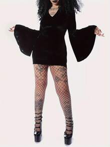 Women's Halloween Cosplay Witch Costume, Halloween Party Witch Cosplay Costume, Hooded Long Sleeve Witch Dress - Black - View 4