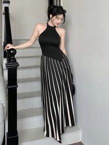 黑色性感露背无袖不对称下摆上衣和时尚条纹长裙两件套休闲性感通勤春夏新款女装 - 黑色 - 查看 4