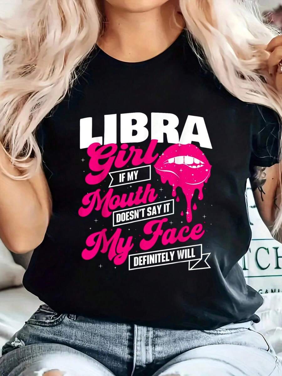 Libra Girl - Astrology Birthday Zodiac Sign Print T-Shirt, Casual Crew Neck Short Sleeve Comfort Tee Top For Spring & Summer, Women'S Clothing - 黑色 - 查看 1