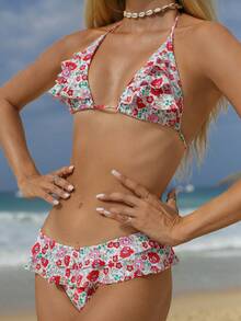 PEPPERMOLLY 全新柔软针织花卉印花荷叶边吊带性感优雅派对比基尼套装，夏季海滩时尚女士泳装 - 彩色 - 查看 3