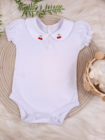 Pure & Posh Baby Body Bebê Menina Branco Gola Bordada Cerejinha 100% Algodão Manga Curta