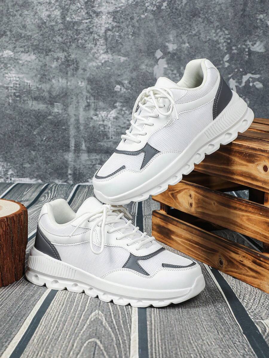 New Fashionable Versatile Men's White Shoes With Dark Gray Accent Design, Blogger Recommended Comfortable Casual Shoes, Convenient Lace-Up, Round Toe, Minimalist Outdoor Couple Shoes, Suitable For Party, Date, School, Gym, Campus, Daily Commute, Sports, Work, Gift - Білий - Переглянути 1