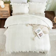 3 Pieces Beige Textured Comforter Set Queen King,Ruffle Farmhouse Shabby Chic Comforter For Queen Bed,Soft Seersucker Boho Bedding Set With 1 Ruffle Comforter,2 Tufted Pillowcases
