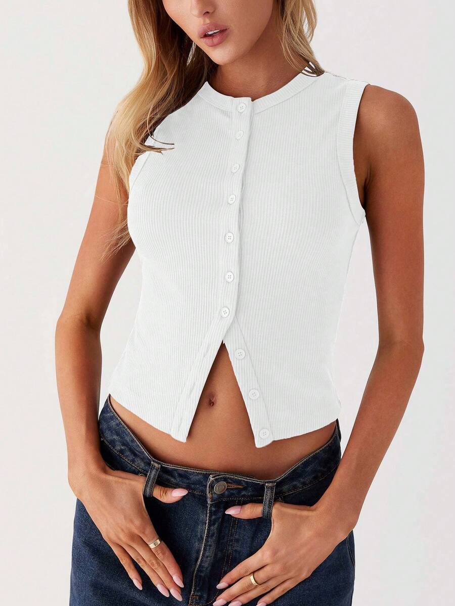 Women's Casual Sleeveless Button-Up Tank Top, Slim Fit, Versatile, White, Summer New Arrival