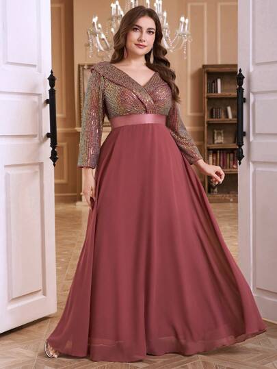 SUPGIR Plus Women's V-Neck Long Sleeve Glitter Sequin Patchwork Chiffon Formal Evening Dress, Party Dress, Wedding Guest Dress,Gown