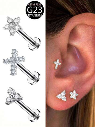 3 Stücke modische Ohrringe, kubische Zirkonia Blumen & Kreuz Form Ohrstecker, Titan G23 flach unten T-Stil Lippen/Knorpel Piercingschmuck, geeignet für Damen für Alltag/Party/Feiertags-Outfit